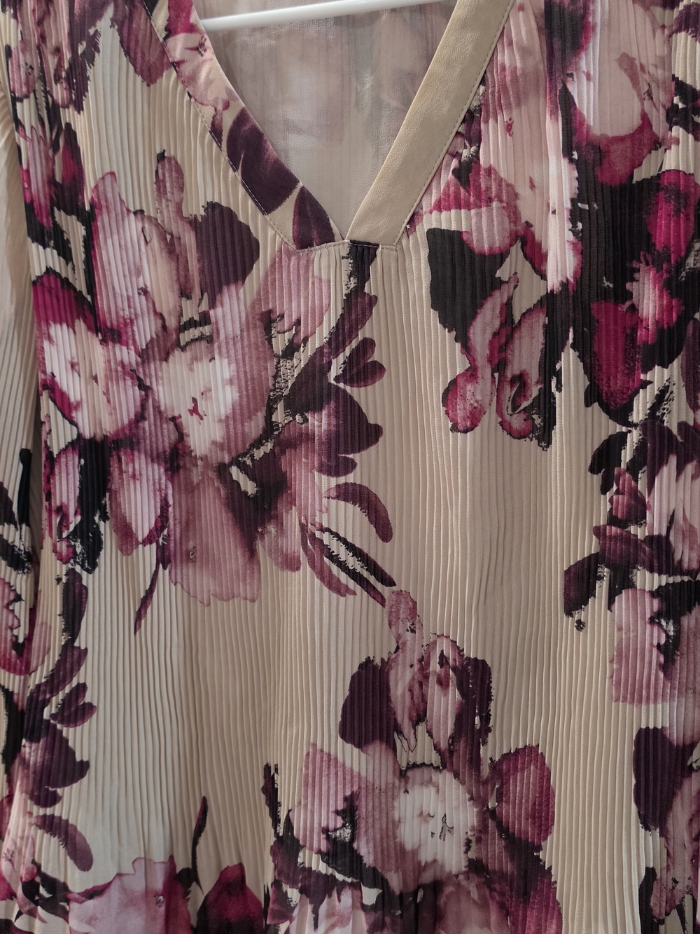 Calvin Klein Taupe Floral Pleated V-Neck Blouse with Plum Accents - Picture 8 of 11